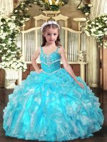 Aqua Blue Sleeveless Beading and Ruffles Floor Length High School Pageant Dress