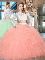 Amazing Watermelon Red Zipper Scoop Beading and Lace and Ruffles Sweet 16 Quinceanera Dress Tulle Long Sleeves