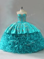 Custom Designed Aqua Blue Ball Gowns Fabric With Rolling Flowers Sweetheart Sleeveless Embroidery and Ruffles Lace Up Sweet 16 Dress Brush Train(SKU PSSW1159-8BIZ)