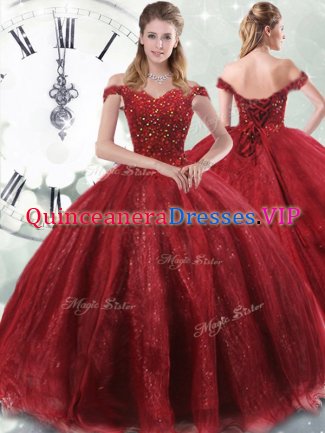 Perfect Wine Red Tulle Lace Up Off The Shoulder Sleeveless Sweet 16 Dress Brush Train Beading