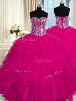 Fuchsia Sleeveless Beading and Ruffles Floor Length Party Dress for Girls