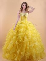 Gold Lace Up Sweet 16 Dress Appliques and Ruffles Sleeveless Floor Length(SKU YCPD0180BIZ)