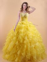Gold Lace Up Sweet 16 Dress Appliques and Ruffles Sleeveless Floor Length