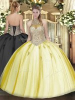 Dramatic Sleeveless Floor Length Beading and Appliques Lace Up Quinceanera Gowns with Yellow