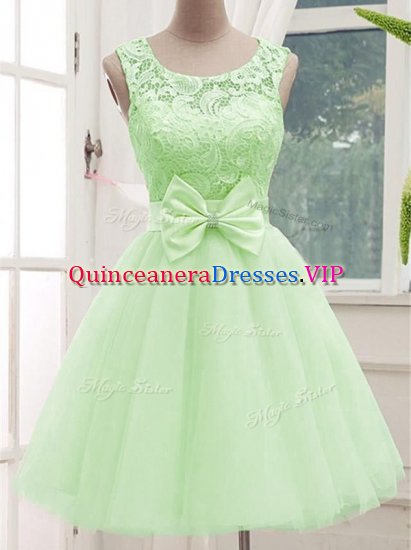 Modern Yellow Green Sleeveless Knee Length Lace and Bowknot Lace Up Dama Dress for Quinceanera - Click Image to Close
