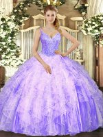 Delicate Ball Gowns Quinceanera Gowns Lavender V-neck Tulle Sleeveless Floor Length Lace Up(SKU SJQDDT1072002-3BIZ)