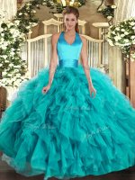Sleeveless Floor Length Ruffles Lace Up Quince Ball Gowns with Turquoise