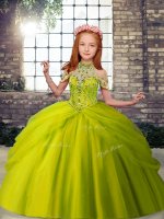 Olive Green Tulle Lace Up Little Girls Pageant Gowns Sleeveless Floor Length Beading