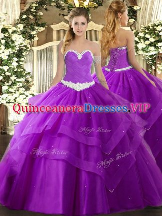 Lovely Purple Lace Up Sweet 16 Quinceanera Dress Appliques and Ruffled Layers Sleeveless Floor Length