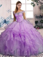 High End Organza Off The Shoulder Sleeveless Lace Up Beading and Ruffles Quinceanera Dresses in Lavender