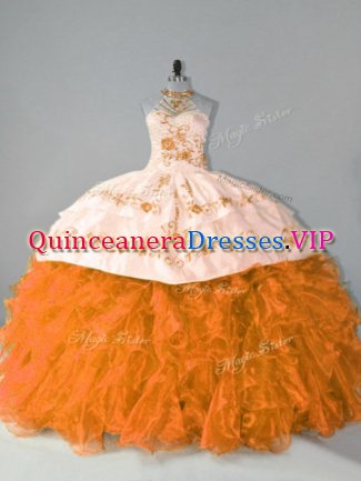 Most Popular Orange Organza Lace Up Halter Top Sleeveless Floor Length Ball Gown Prom Dress Court Train Embroidery and Ruffles