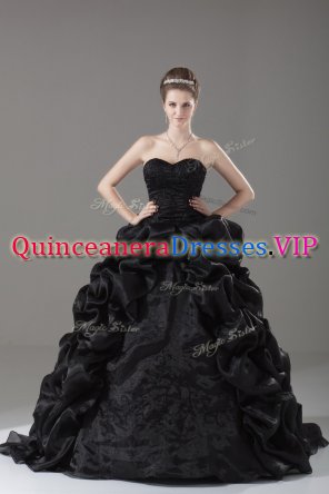 Comfortable Black 15th Birthday Dress Sweetheart Sleeveless Brush Train Lace Up
