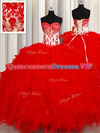Fancy Sequins Sweetheart Sleeveless Lace Up Quinceanera Gown Red Organza