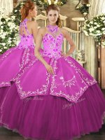 Top Selling Halter Top Sleeveless Lace Up Sweet 16 Dresses Fuchsia Satin and Tulle