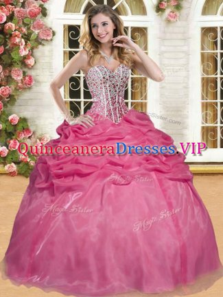 Coral Red Organza Lace Up Sweetheart Sleeveless Floor Length Quinceanera Gowns Beading and Pick Ups