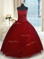 Floor Length Wine Red Sweet 16 Quinceanera Dress Tulle Sleeveless Beading and Appliques(SKU PSSW0229BIZ)