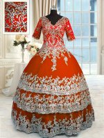 Customized Orange Red Half Sleeves Tulle Zipper Quinceanera Gowns for Military Ball and Sweet 16 and Quinceanera(SKU PSSW0245-7BIZ)