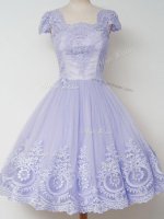 Clearance Knee Length Lavender Quinceanera Dama Dress Tulle Cap Sleeves Lace