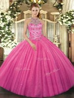 Top Selling Floor Length Hot Pink Quinceanera Dresses Halter Top Sleeveless Lace Up