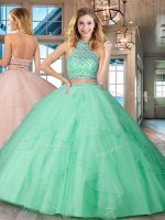 Graceful Halter Top Apple Green Sleeveless Tulle Backless Vestidos de Quinceanera for Military Ball and Sweet 16 and Quinceanera(SKU SXQD024BIZ)