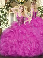 V-neck Long Sleeves Quinceanera Gown Floor Length Beading and Ruffles Fuchsia Organza(SKU SJQDDT1425002BIZ)