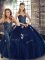 On Sale Navy Blue Sleeveless Floor Length Beading and Appliques Lace Up Quinceanera Gowns