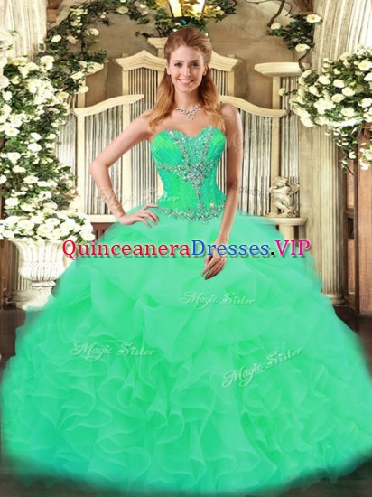 Elegant Turquoise Organza Lace Up Quince Ball Gowns Sleeveless Floor Length Beading and Ruffles - Click Image to Close