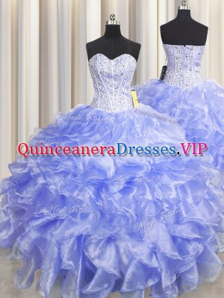Romantic Visible Boning Zipper Up Lavender Sweetheart Neckline Beading and Ruffles Quinceanera Dress Sleeveless Zipper