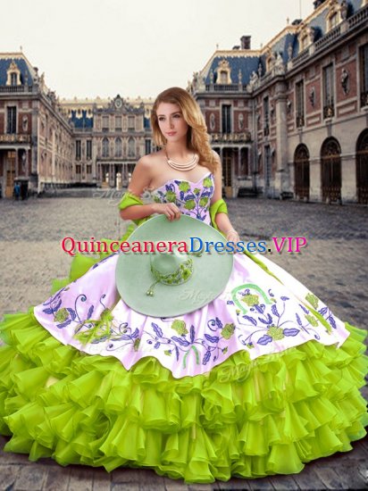 Yellow Green Lace Up Sweetheart Embroidery and Ruffled Layers Ball Gown Prom Dress Organza Sleeveless - Click Image to Close