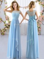 Floor Length Side Zipper Dama Dress for Quinceanera Light Blue for Wedding Party with Lace and Belt