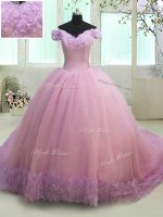Cheap Off the Shoulder Lilac Lace Up Ball Gown Prom Dress Ruching Cap Sleeves With Train Court Train(SKU PSSW0123BIZ)