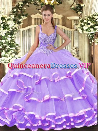 Straps Sleeveless Lace Up 15 Quinceanera Dress Lavender Organza