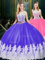 Sleeveless Tulle Floor Length Clasp Handle Quinceanera Dresses in Blue And White with Appliques and Embroidery