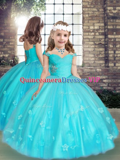 Ball Gowns Little Girls Pageant Dress Aqua Blue Straps Tulle Sleeveless Floor Length Lace Up - Click Image to Close