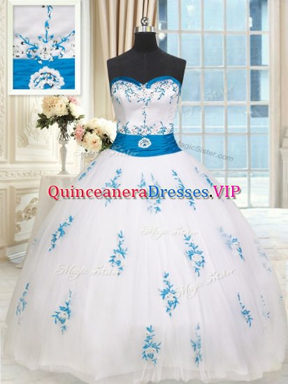 Tulle Sweetheart Sleeveless Lace Up Embroidery and Belt Ball Gown Prom Dress in White - Click Image to Close