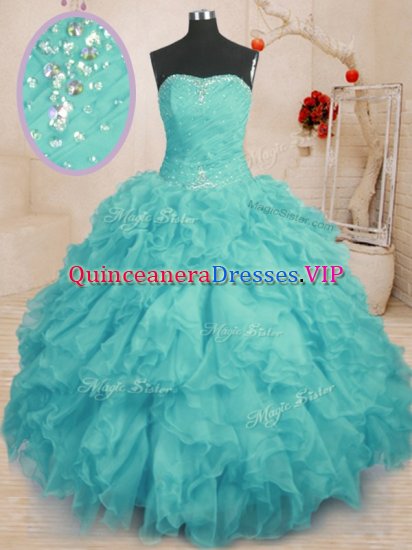 Wonderful Aqua Blue Strapless Neckline Beading and Ruffles Ball Gown Prom Dress Sleeveless Lace Up - Click Image to Close