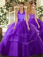 Floor Length Purple Quinceanera Gowns Halter Top Sleeveless Lace Up(SKU SJQDDT1655002BIZ)