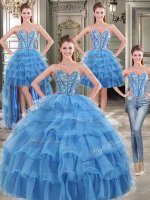 Affordable Four Piece Sweetheart Sleeveless Vestidos de Quinceanera Floor Length Beading and Ruffled Layers Blue Organza