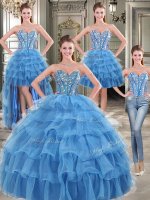 Affordable Four Piece Sweetheart Sleeveless Vestidos de Quinceanera Floor Length Beading and Ruffled Layers Blue Organza(SKU YYPJ017CX004BIZ)