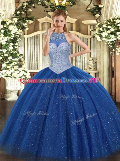 Affordable Royal Blue Tulle Lace Up Sweet 16 Dresses Sleeveless Floor Length Beading - Click Image to Close