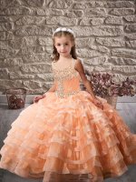 Hot Sale Sleeveless Brush Train Beading and Ruffled Layers Lace Up Child Pageant Dress