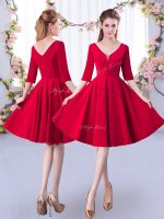 Spectacular Knee Length Red Vestidos de Damas Satin Half Sleeves Ruching