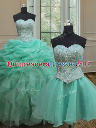 Three Piece Sleeveless Floor Length Beading and Ruffles and Pick Ups Lace Up Sweet 16 Dresses with Turquoise