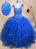 Perfect Straps Tulle Cap Sleeves Floor Length Womens Party Dresses and Beading and Ruffles