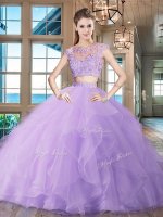 Scoop Cap Sleeves With Train Zipper Quince Ball Gowns Lavender for Military Ball and Sweet 16 and Quinceanera with Beading and Appliques and Ruffles Brush Train(SKU SXQD038-1BIZ)