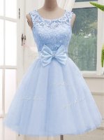 Traditional Scoop Sleeveless Vestidos de Damas Knee Length Lace Lavender Tulle