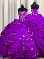 Sequins Sleeveless Taffeta Floor Length Lace Up Ball Gown Prom Dress in Purple with Beading and Embroidery and Ruffles