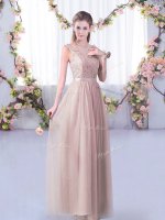 Pink Court Dresses for Sweet 16 Wedding Party with Lace and Belt V-neck Sleeveless Side Zipper