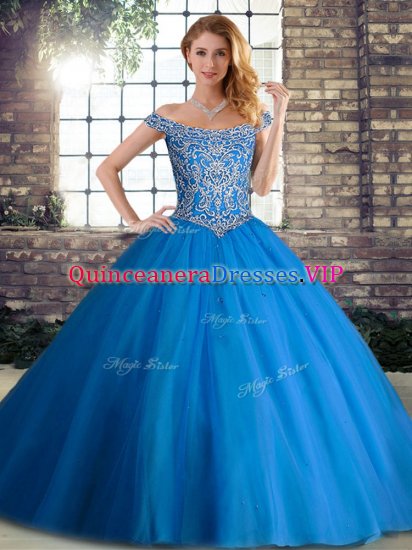 Blue Sleeveless Beading Lace Up Quinceanera Gown - Click Image to Close