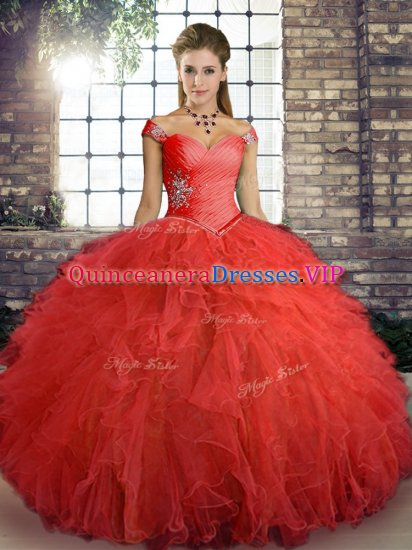 Floor Length Orange Red 15th Birthday Dress Off The Shoulder Sleeveless Lace Up - Click Image to Close